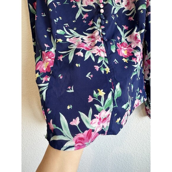 Prospect Women's Blue Pink Floral Blouse Henley V Neck Balloon Sleeve Sheer L - Picture 5 of 11